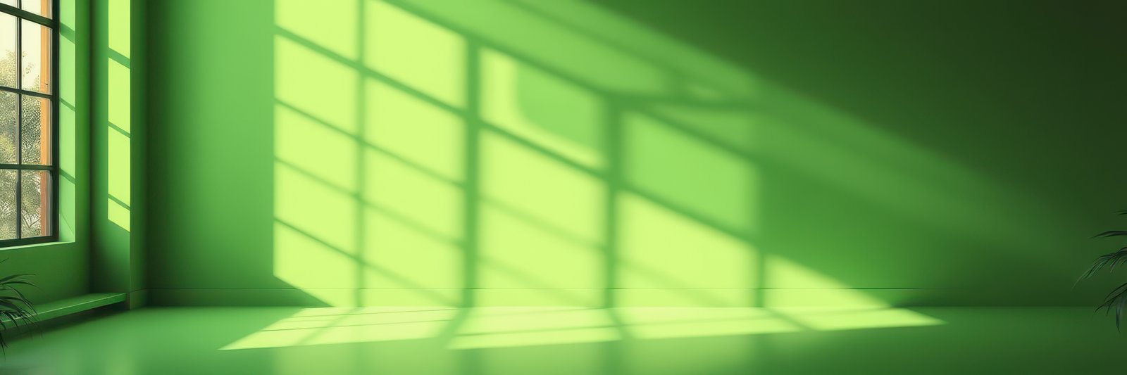 Light and shadow dance on vibrant green walls in a sunlit room with plants